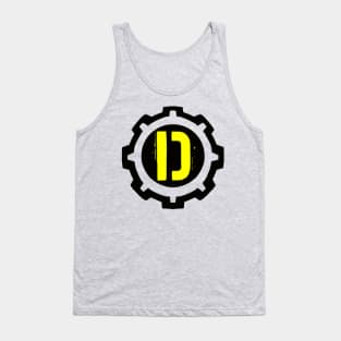 A Yellow Letter D in a Black Industrial Cog Tank Top